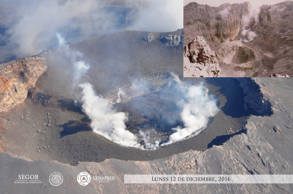 Foto: comparación del piso actual del cráter interno a 30 metros del borde inferior vs. cráter de 1996 cuyo fondo se ubicaba a más de 230 metros del borde inferior.
