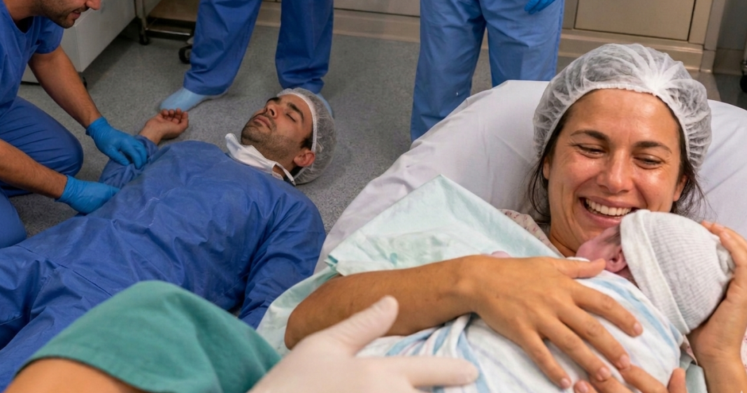 Quería apoyar a su mujer en el parto ¡y terminó en el suelo!